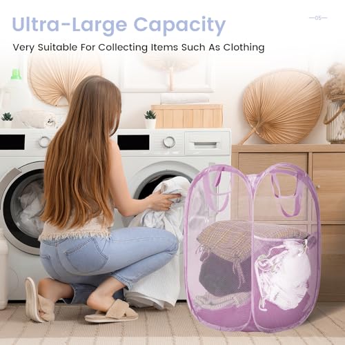 2 Pack Strong Mesh Pop-up Laundry Hamper, Quality Pop Up Hampers for Laundry with Durable Handles Solid Bottom High Carbon Steel Frame, Easy to Open and Fold Flat for Storage(Light Pink) - color: Light Pink, size: 2-Pack