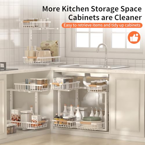 Under Sink Organizer, 2 Pack Under Sink Organizers and Storage, 2-Tier Pull Out Under Cabinet Organizer Storage Shelf, Metal Frame, Height Adjustable Rack for Bathroom Kitchen Pantry - style: White, 2-Pack