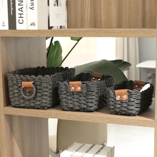 Paper rope Small Storage baskets for Organizing,Cute woven Little basket for Home，Shelves, Bathroom,Decorative basket,Set of 3 (Black) - color: Black