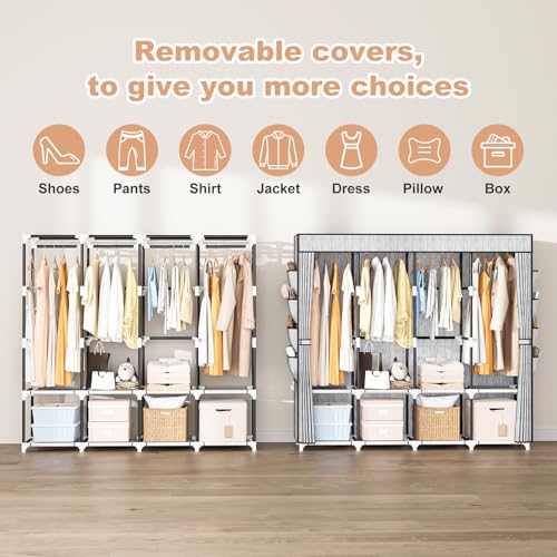Portable Closet for Hanging Clothes, 67 Inch Wide Portable Wardrobe Closet with Cover, 4 Hanging Rod, Storage Shelves and Side Pockets, Large Free Standing Closet for Bedroom, Printing - color: Printing, size: 4 Row - 67'' Wide