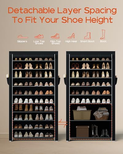 CASAMAYA Shoe Rack with Covers, 10 Tiers Tall Shoe Rack Organizer, Large Capacity Shoe Shelf Storage, Hold 40 Pairs of Shoes, Vertical Shoe Storage Organizer for Closet, Entryway, Black, SRT104B01 - size: 30.1"W - 10 Tier