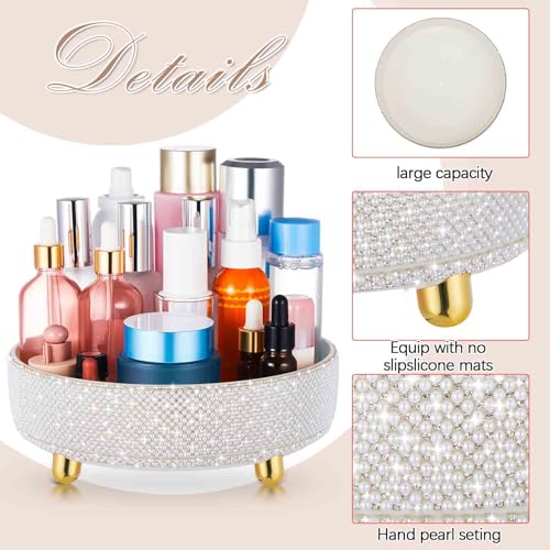 Honeydak White Bling Perfume Makeup Organizer Bling Mother's Day Nurse Day Gifts for Women Bathroom Organizers and Storage 360 Rotating Makeup Organizer for Countertop(Pearl) - size: Pearl