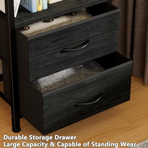 Furnulem 4-Tier Corner Shelf, Bookshelf with 2 Storage Drawers, 57.28”Tall Narrow Bookcase, Standing Shelf Organizer Unit for Living Room, Bedroom, Metal Frame, Wood Display Shelf - color: Black Oak, size: 4 Tier