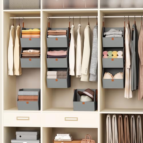 Homsorout Collapsible Hanging Closet Organizer - 3 Tier Closet Shelves Storage System with Hooks, Fabric Hanging Storage Bins for Clothes, Foldable Storage Basket for Laundry, Bedroom, Rv, Grey - color: Grey, size: 3 shelves