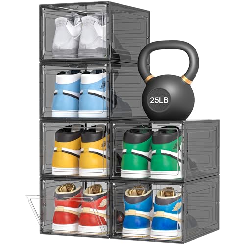 Pinkpum Upgraded Hard Shoe Storage Box 6 Pack X-Large Fit Size 12, Thicken & Sturdy Clear Plastic Stackable Shoe Organizer Box Closet, Sneaker Storage Display Case Holder Bins with Magnetic Door Black - color: Black Clear, size: 6 pcs