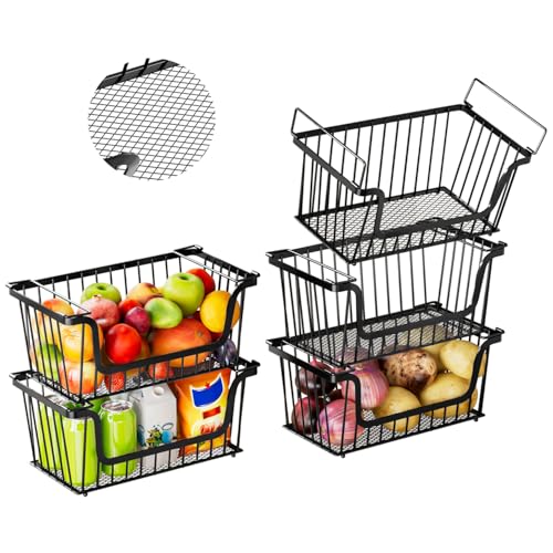 5 Pack Enhanced Leak-Proof Bottom Stackable Wire Baskets, Pantry Organizers and Storage, pantry storage，Shelf Baskets, Fruit Basket, Potato and Onion Storage Bins，(Black) - color: 5Pack-Black Baskets