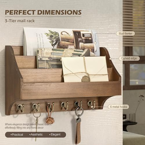 Rebee Vision Pine Wood Key Holder Wall Mount - Hanging Mail Holder for Wall with Key Hooks & 3-Tire Letter Slot - Multifunctional File Organizer for Home and Office Decor (Brown) - color: Brown