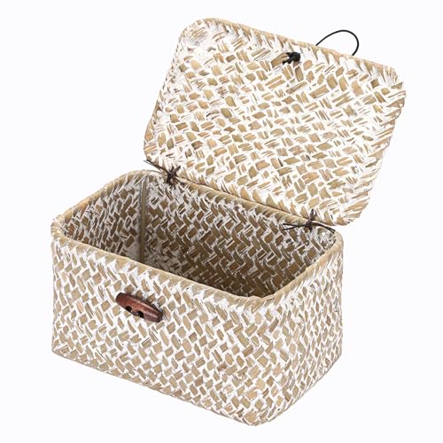 Hipiwe Wicker Shelf Basket Mini Seagrass Basket with Lid Key Holder Box for Entry Tabletop Desk Organizer Home Decor, Whitewash 6.1" x 4" x 3.3" - color: Whitewash color, size: 6.1" x 4.0" x 3.3"