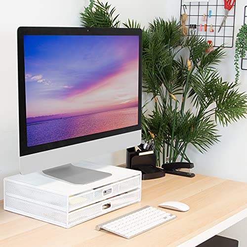 Mount-It! Mesh Computer Monitor Stand Riser [Metal] Desk Organizer with Two Pullout Storage Drawers for Desktop, Laptop, and Printer Accessories and Office Supplies (White) - color: White