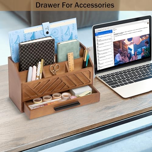 dreampossible Brown Wood Desk Organizer and Accessories with Drawer, Bill Mail Organizer and File Mail Holder for Office Supplies, Modern Desk Accessories & Workspace Organizers for Desk Organization - color: Brown A