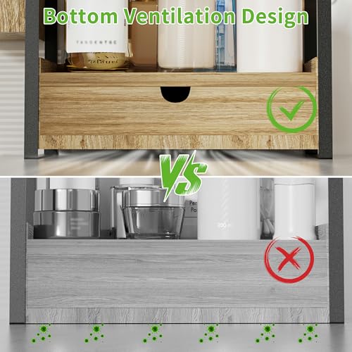 Kottwca 2-Tier Bathroom Counter Organizer with Drawer, Basket & Hooks, Wooden Vanity Shelf for Skincare, Perfume & Makeup Storage(Light Brown) - color: Light Brown