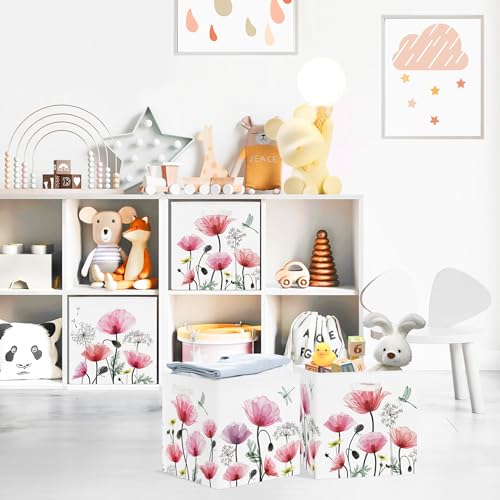 Clastyle Flowers Storage Cube Organizer Set Handle Closet Clothes Cube with Metal Frame Foldable Parents Organizer Storage Basket for Book Toy,Red Poppy,11.8x11.8x11.8 in - color: Red Poppy