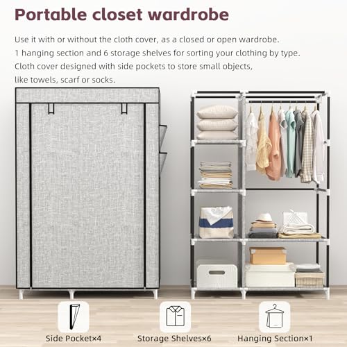 Calmootey Portable Closet Organizers, Clothing Storage, Wardrobe with 6 Shelves and Hanging Rod, Non-Woven Fabric Cover with 4 Side Pockets, Ash Grey - color: Ash Grey