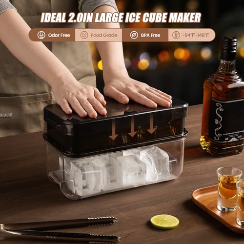 PHINOX Large Ice Cube Tray with Lid and Bin, Ice Trays for Freezer, 2 INCH Whiskey Ice Cubes Mold, 2*8 pcs Square Ice Cube Mold with Tong, Easy to Release, Large Ice Tray for Whiskey Cocktail Bourbon - color: Black, size: 2.0"-2tier