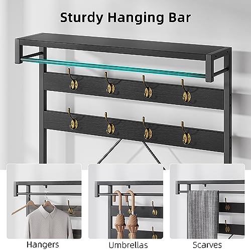 IDEALHOUSE Coat Rack Shoe Bench Industrial Hall Tree Storage Bench for Entryway Wood Look Accent Large Shoe Rack with Storage Shelf Hanging Bar,8 Hooks Grey 39.9"x15.7"x72" - color: Black