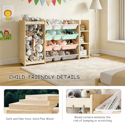 EXPERLAM 3-in-1 Toy Storage Organizer, Stuffed Animal Holder & 3-Tier Bookcase, Solid Wood Toy Organizer with 12 Storage Bins, Space-Saving Toy & Book Shelf for Kids Rooms, Bedroom, Playroom, Multi - color: Multi Color