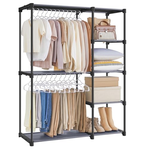 SONGMICS Portable Closet, Freestanding Closet Organizer, Clothes Rack with Shelves, Hanging Rods, Storage Organizer, for Cloakroom, Bedroom, 44.1 x 16.9 x 65 Inches, Gray URYG024G02 - color: Grey