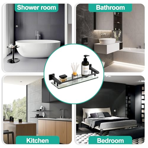 Glass Shelf 16IN for Bathroom Black Rectangular Stainless Steel Tempered Glass Modern Wall Mount Shelf Sink Over Toilet Bathroom Organizer (Matte Black, 16‘’) - color: Matte Black, size: 16'' with Railing