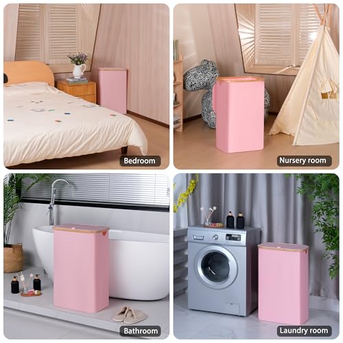 100L Laundry Hamper with Lid, Lagre Basket with Bamboo Handles,Foldable Clothes Hamper Tall Dirty Laundry Basket for Clothes Toys Towels Organizing,Pink - color: Pink, size: 100L with lid