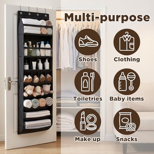 8 tiers Door Shoe Organizer, Multifunction Over the Door Hanging Shoe Rack with Oxford Fabric Deep Pockets, 66.9 x 16.5 x 5.9 Inches Storage Organizer (Black)