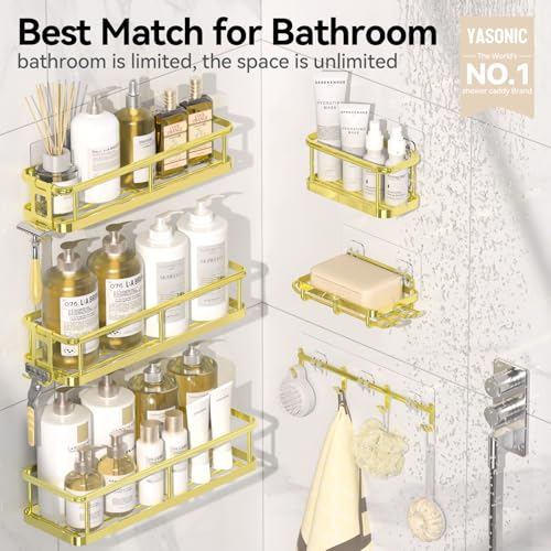 YASONIC Shower Caddy, 6 Pack Large Capacity Bath Organizer with Soap Holder and 12 Hooks, Rustproof Shower Shelves for Inside Shower, No Drilling&Sleek Bathroom Organizers and Storage Gold - color: Gold, size: XL