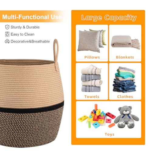OIAHOMY 60L Blanket Basket with Handle, Storage Basket for Living Room, Laundry Hamper for Clothes, Towels, Pillows, Toy Storage for Kids and Dogs, Baby Hamper for Nursery - Brown & Black - color: Brown & Black, size: 60L