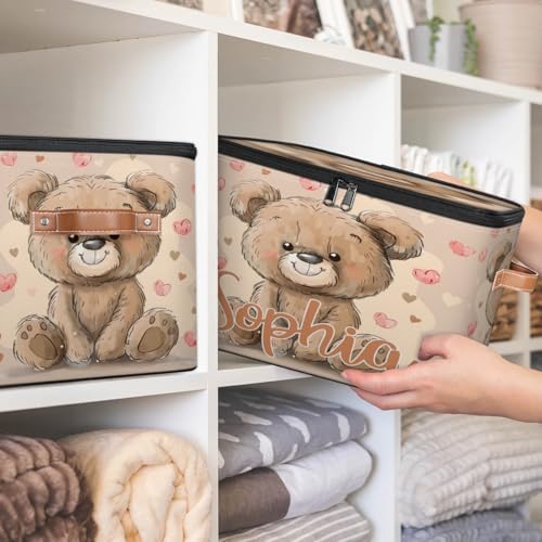 Custom Storage Basket with Name, Personalized Storage Bins with Zipper Lid, Foldable Fabric Storage Box Large capacity with Handle Love Bear - color: Option 25