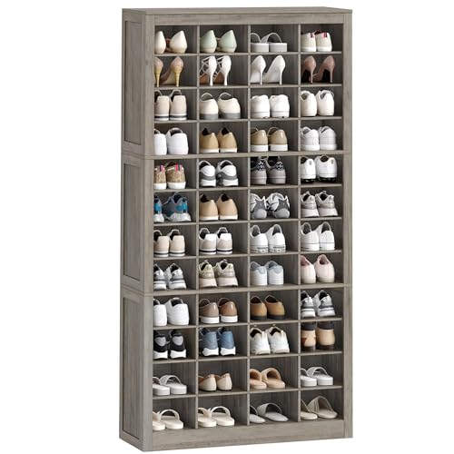 Hzuaneri Shoe Storage Cabinet, 48 Pairs Free Standing Closet Organizer, 9 inch Widened Cell Wood Shoe Organizer, 12 Tiers Vertical Space Saving Shoe Rack for Entryway, Cloakroom, Greige SR39605X - color: Greige, size: 48 Pairs