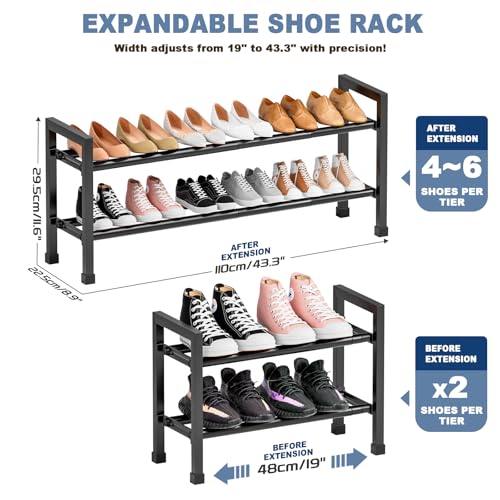 Mavivegue Expandable Shoe Rack, 2-Tier 19"-43.3" Adjustable Shoe Rack for Closet,Hall Entryway,Front Door,Garage, Sturdy Steel Space-Saving Rack, Black - color: Black, size: 2 Tier