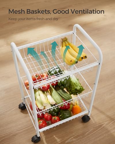 SONGMICS 3-Tier Metal Rolling Cart, Storage Cart with Removable Baskets, Utility Cart with Wheels and Handle, for Kitchen, Bathroom, Laundry Room, White UBSC003W01 - color: White