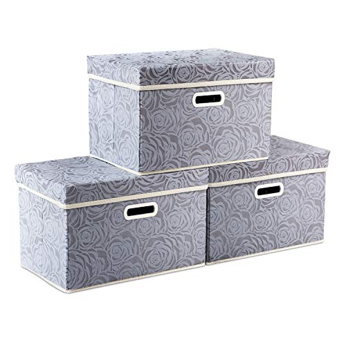 PRANDOM Collapsible Storage Boxes with Lids Fabric Decorative Storage Bins Cubes Organizer Containers Baskets with Cover Handles Divider for Bedroom Closet Living Room 14.9x9.8x9.8 Inch 3 Pack - color: Gray, size: Medium(3-Pack)
