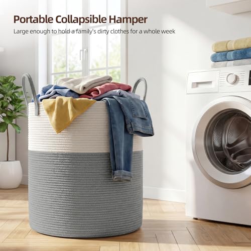 OIAHOMY Large Laundry Basket Hamper - 60L Cotton Rope Woven Basket for Blankets, Toys, Clothes - Tall Decorative Nursery Hamper with Long Handles, Grey/White - color: Grey/White, size: 60L