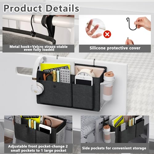Edudif Bedside Caddy Bedside Organizer with Fixed Straps & Water Bottle Holder, Bunk Bed Caddy ideal for Home, Dorm, Hospital, Crib, Versatile Bedside Storage Solution (Black 2pcs) - color: Black 2pcs