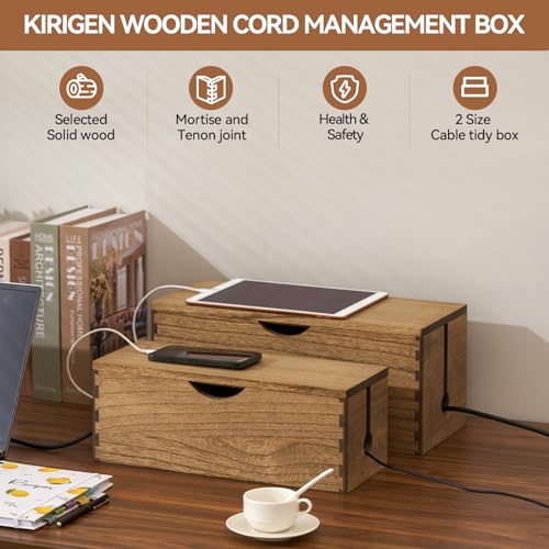 KIRIGEN Wooden Cable Management Box Set of 2 - Solid Wood Large & Small Cord Organizer Hides Power Strips, Chargers & Wires for Desk, TV Stand, Home Office Brown DXH2T-DBR - color: Dark brown