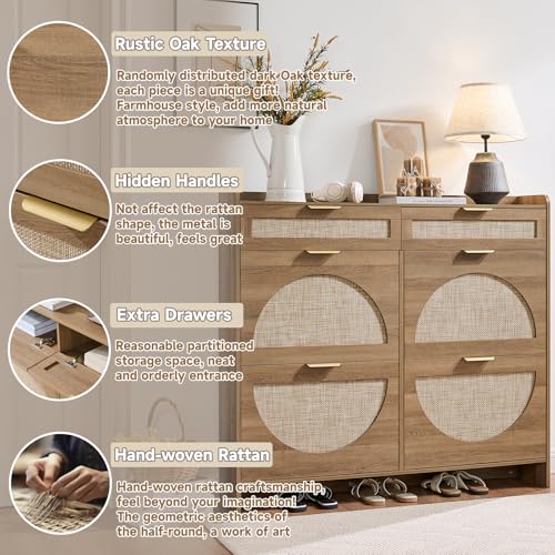 Rattan Shoe Storage Cabinet with 4 Flip Drawers & 2 Drawers, Freestanding Organizer for Front Door Entrance, Hidden Narrow Shoe Rack Cabinet Storage for Entryway, Rustic Oak Rattan - style: 4-Drawers