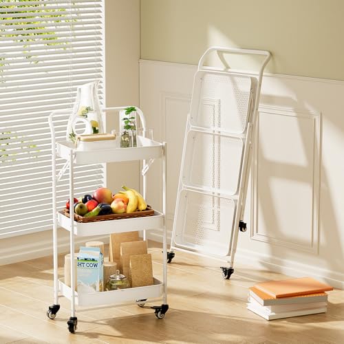 JAQ Foldable Rolling Cart, 3-Tier No Assembly Metal Utility Cart with Handle, Heavy Duty Folding Storage Trolley Organizer on Wheels for Kitchen, Office, Craft Art, Baby Diaper, Snacks, Books, White - color: White /3-tier, size: No Assembly