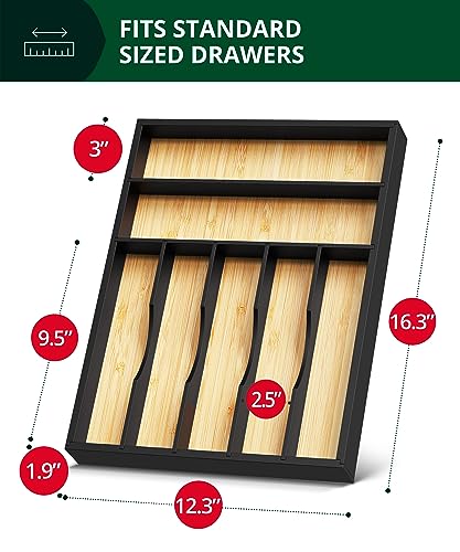 ROYAL CRAFT WOOD Luxury Bamboo Kitchen Drawer Organizer - Silverware Organizer - Utensil Holder and Cutlery Tray with Grooved Drawer Dividers for Flatware and Kitchen Utensils (7 Slot) - color: Black/Natural, size: 7 Slot