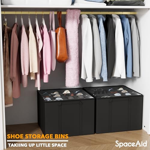 SpaceAid Shoe Organizer for Closet, 2 Pack Foldable Shoe Storage Containers Baskets Boxes Bins w/Adjustable Dividers, Fits 16-32 Pairs, Black - color: Black