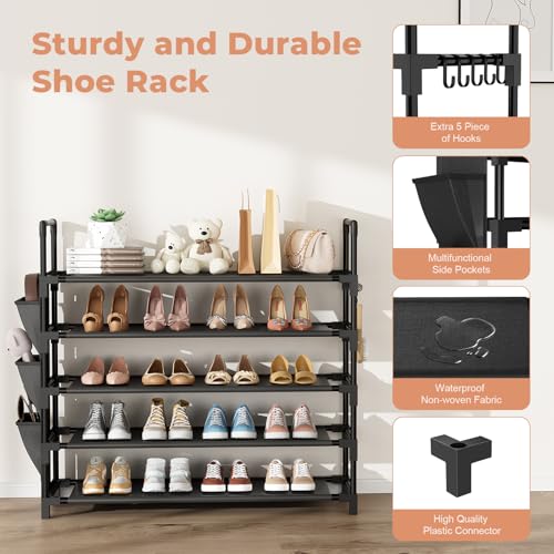 5 Tier Shoe Rack, Shoe Organizer Storage for 20-25 Pair Boot and Sneaker, Stackable Free Standing Shoe Shelf with Hooks and Side Pocket, Space Saving Shoes Rack for Closet, Entryway - color: Black, size: 33.3"W - 5 Tier