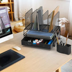 Simple Houseware Mesh Desk Organizer with Sliding Drawer, Double Tray and 5 Upright Sections, Black - color: Black