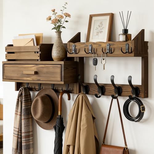 29" Coat Rack Wall Mount with Shelf & Drawer, Heavy Duty Wood Entryway Organizer, Wall Coat Hanger with 12 Metal Hooks, Wall Mounted Coat Rack Key & Mail Holder for Living Room, Bedroom - color: Brown, size: 29 inch