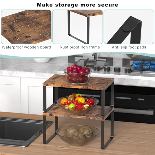 Set of 4 Counter Shelves Kitchen Stackable Cabinet Shelf Wood Organizer Expandable Counter Top Racks Brown Bathroom Counter organizer - color: Brown