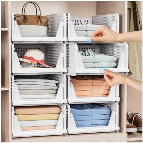 8 Pack Stackable Closet Storage Basket - Stackable Storage Bins, Multifunctional & Foldable Closet Organizer Waterproof, Wardrobe Cupboard Space-Saving Hat Storage Drawer Organizer, White - size: 8 Pack White