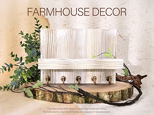 Rebee Vision Farmhouse Key Holder for Wall - Mail Organizer & Key Hanger for Wall - 5 Sturdy Key Hooks with Small Floating Shelf for Rustic Apartment Essentials (Natural Wood, 3.54"D x 10"W x 7.28"H) - color: Natural Wood, size: 10 Inch
