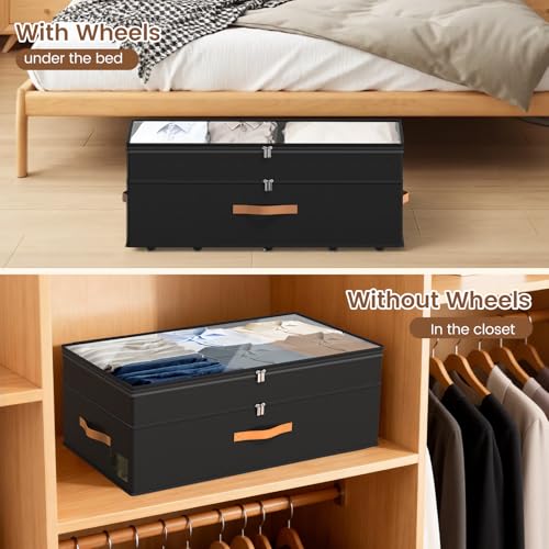 Under Bed Storage with Wheels, 2-Pack Underbed Storage Containers, No Assemble 11 inches 90L XXL Large Adjustable Storage Bins with Clear Lids, Rolling Storage for Clothes, Shoes, Blankets, Black - color: Black