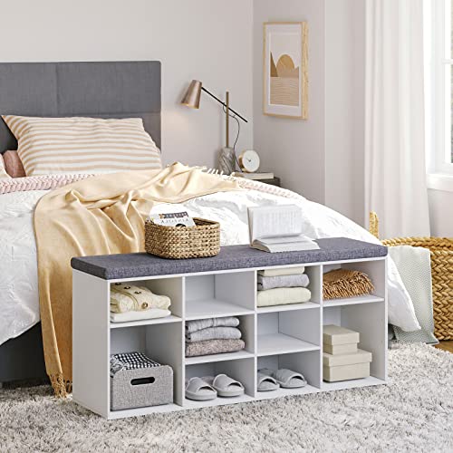 DINZI LVJ Shoe Storage Bench with Cushion, Cubby Shoe Rack with 12 Cubbies, Adjustable Shelves, Multifunctional Shoe Organizer Bench for Entryway, Mudroom, Hallway, Closet and Garage, White - color: White, size: 12 Cubby