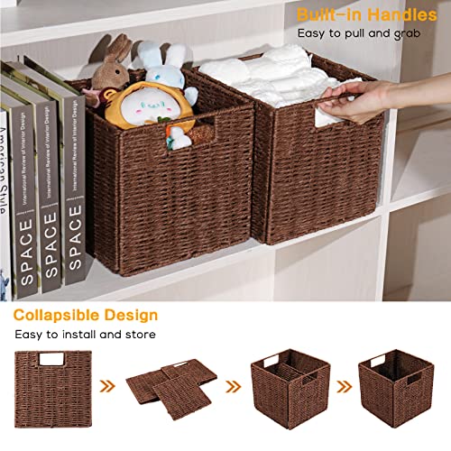 Vagusicc Wicker Storage Basket, Set of 2 Hand-Woven Storage Baskets for Shelves, Foldable Cube Storage Baskets Bins with Handles, 9 inch Small Wicker Baskets for Organizing Pantry Bedroom, Brown - color: Brown, size: 9'' x 9'' x 9''