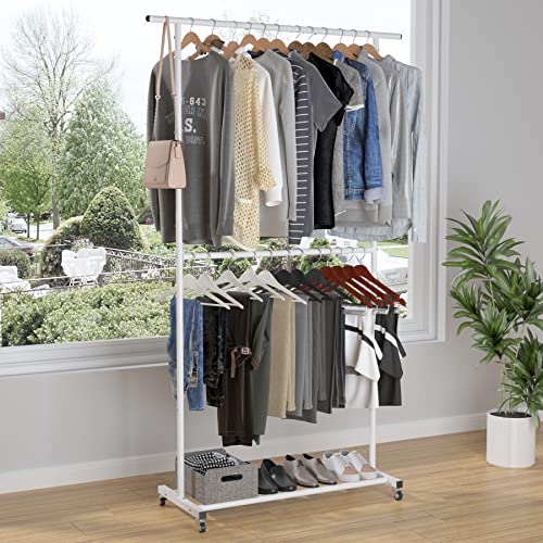 Sywhitta Double Rod Clothing Garment Rack, Rolling Clothes Organizer on Wheels for Hanging Clothes, Easy to Assemble, Adjustable, White - color: White, size: No mesh