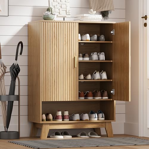 Shoe Cabinet Storage for Entryway with Doors, 5 Tier Fluted Shoe Organizer with Adjustable Shelves, Entryway Shoe Storage with Wooden Legs, Freestanding Hidden Shoe Rack for Front Door Entrance, Oak - color: Oak, size: 5 Tier