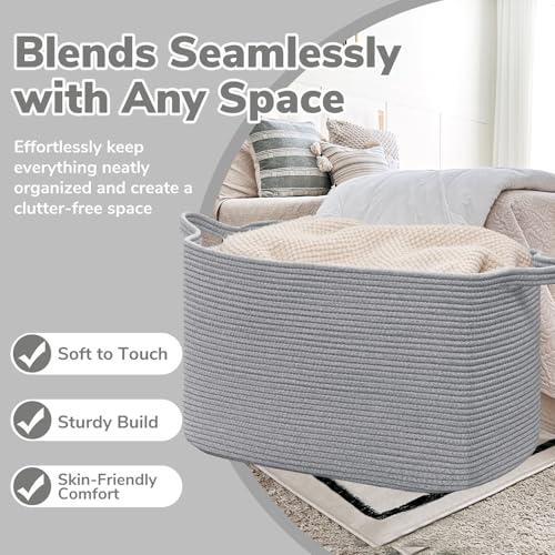 Goodpick 105L Extra Large Blanket Basket 25" x 16" x 16" Cotton Rope Storage Bins for Dirty Clothes, Rectangle Woven Laundry Basket for Living Room Bedroom, Toy Storage Baskets for Kids, Gray - color: Grey, size: XX-Large(25"L x 16"W x 16"H)